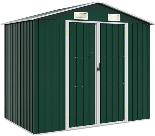 Abri De Jardin Vert En Métal Galvanisé 205x129x183 Cm, Cabanon De Rangement Pour Outils Et Mobilier Extérieur Avec Ventilation Et Portes Doubles
