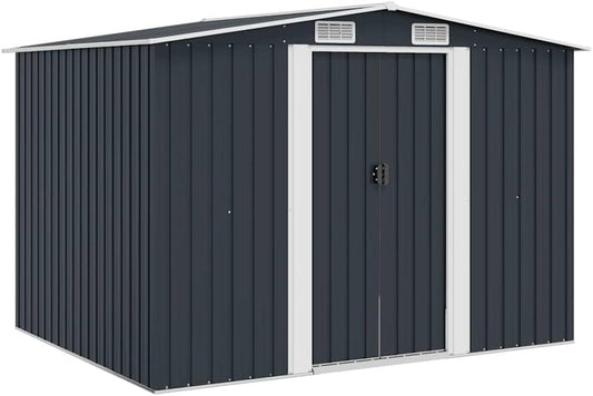 Abri De Rangement Extérieur En Métal Anthracite 257x205x178 Cm, Abri De Jardin Outillage Avec Doubles Portes Coulissantes Et 4 Aérations, Acier Galvanisé Résistant à La Corrosion