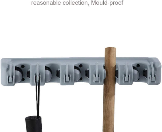 Mop Holder Wall Mounted Mop Holder Broom Garden Tools Storage Hooks Garage Storage 5 Position And 6 Hooks For Home Kitchen Garden (White, 5 Positions)