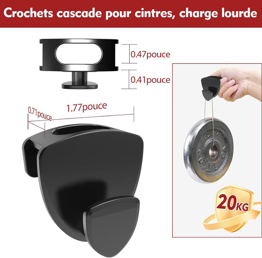 Latoxcaa Cintres Gain De Place Pour Cintre Lot De 20 - Porte-Vêtements Extra Solide 20kg (Max) - Crochets D'Organisation Et Crochet De Connexion De Cintre Noir Pour Placard Et Penderie