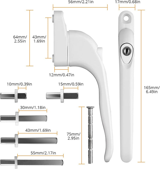 Neoteck Pack Of 10 Universal Lockable Window Handles With Double Glazing, Suitable For All Windows And Balcony Doors, Rod Length 10 Mm, 15 Mm, 30 Mm, 43 Mm, 55 Mm