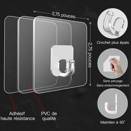 Latoxcaa Lot De 10 Grands Crochets Adhésifs Transparents Extra Puissants - 15 Kg (max) - Charge Lourde - 100 % Respectueux Du Mur - Pour Cuisine, Salle De Bain, Bureau - Crochets Adhésifs Universels