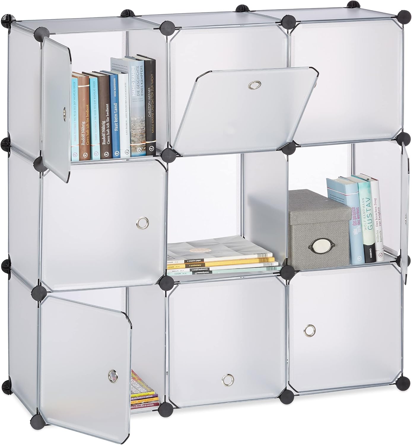 Relaxdays Étagère Rangement 9 Casiers Portes Plastique Modulable DIY Assemblage Plug In Bibliothèque, Blanc, 95.5 X 32 X 95.5 Cm
