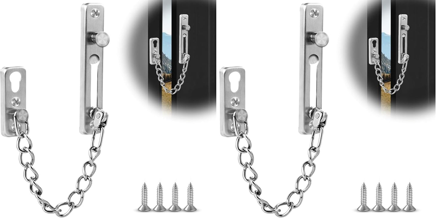 Elzle Chaîne De Sécurité Pour Porte En Acier Inoxydable, Avec Bouton Anti-Vol, 4 Vis Incluses, Sécurité Pour Porte D'Entrée, Portes Intérieures & Fenêtres (Argent)