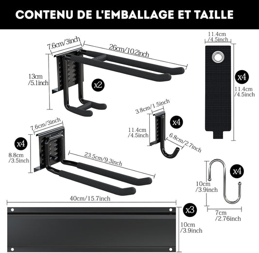 3-H Porte Outils Mural Jardin 120cm, Range Outils De Jardin En Acier Carbone Avec 3 Rails & 10 Crochets De Garage Réglables & 4 Crochets S & 4 Sangles | Support Mural Modulable Pour Ski Balai Râteau
