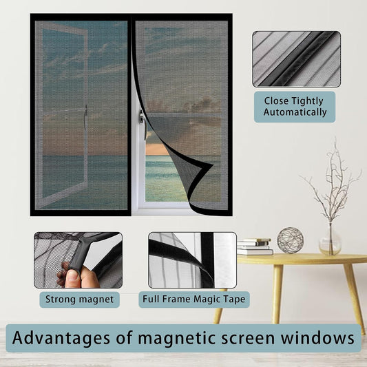 Magnetic Mosquito Net For Windows, 137 X 128 Cm, Adjustable Easy To Install Automatic Closing For Bay Window, Black