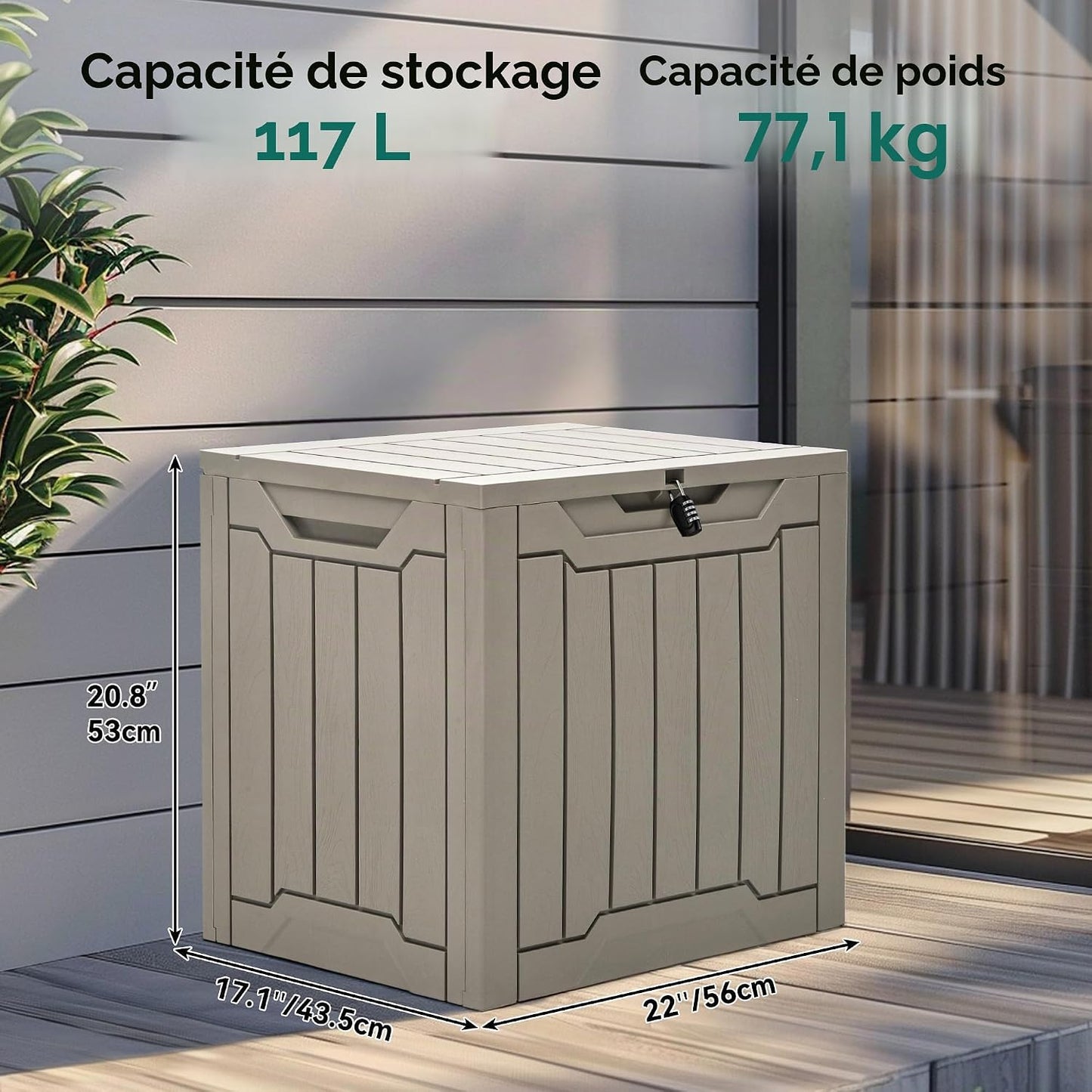 YITAHOME Boîte De Rangement D'extérieur En Résine De 100 Litres, Résistante à L'eau, Boîte De Rangement D'extérieur Pour Oreillers, Matériel De Jardin, Verrouillable En Toute Sécurité, Marron Clair