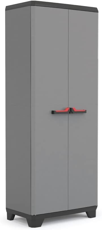  Keter Armoire Utilitaire STILO - Armoire De Rangement En Résine Multifonctions - Étagères Et Pieds Ajustables, Poignée Soft Touch - Cuisine, Garage, Atelier - 68 X 39 X 173 Cm - Gris/Noir/Rouge