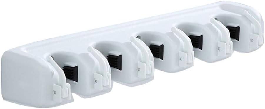  Mop Holder Wall Mounted Mop Holder Broom Garden Tools Storage Hooks Garage Storage 5 Position And 6 Hooks For Home Kitchen Garden (White, 5 Positions)