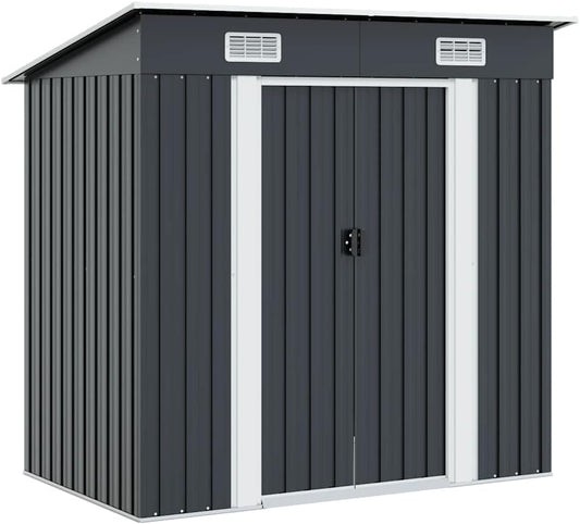  Abri De Jardin En Acier Galvanisé Anthracite Avec Ventilation, Doubles Portes Coulissantes Et Pièces Prédécoupées Pour Rangement Outils Et Matériel Extérieur