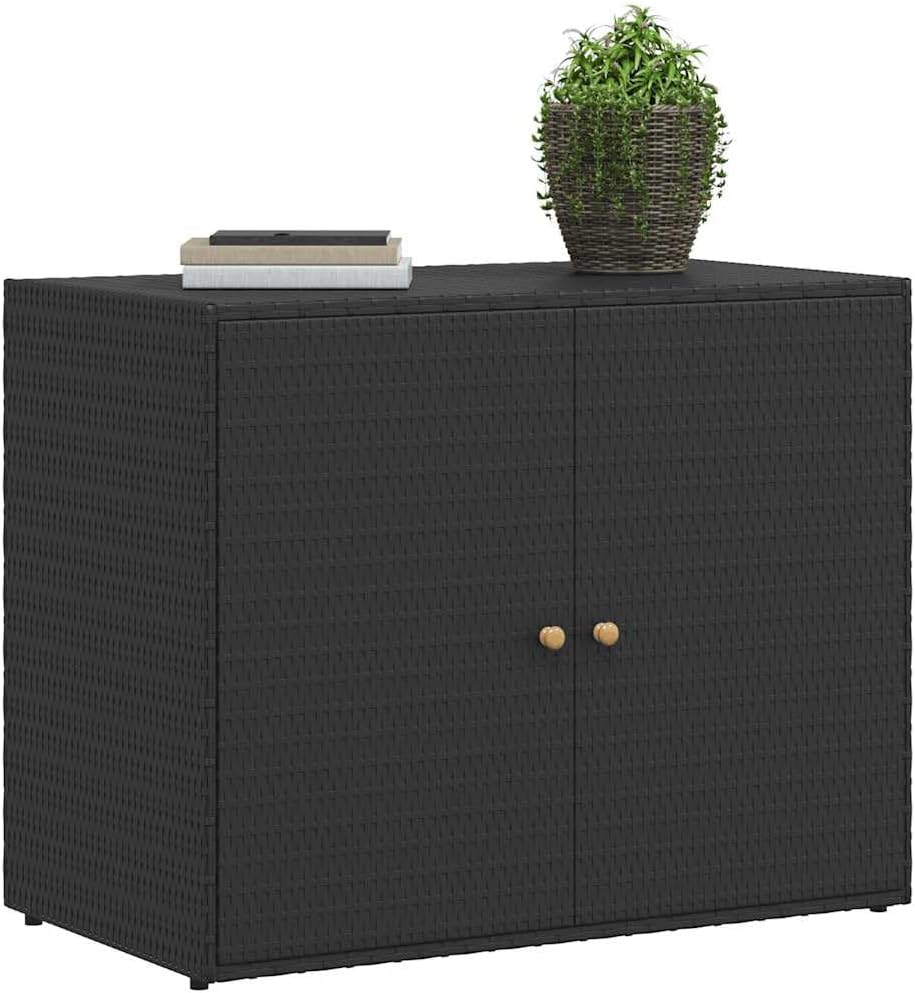  Armoire De Jardin En Rotin Synthétique Noir - 100 X 55,5 X 80 Cm - Cadre En Acier Revêtu Par Pulvérisation - Bois D'acacia Massif - Verrouillable - Rangement Pour Jardin, Terrasse