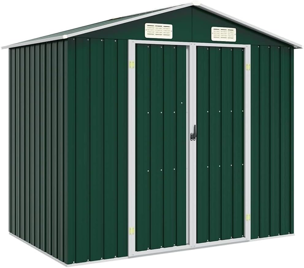  Abri De Jardin Vert En Métal Galvanisé 205x129x183 Cm, Cabanon De Rangement Pour Outils Et Mobilier Extérieur Avec Ventilation Et Portes Doubles