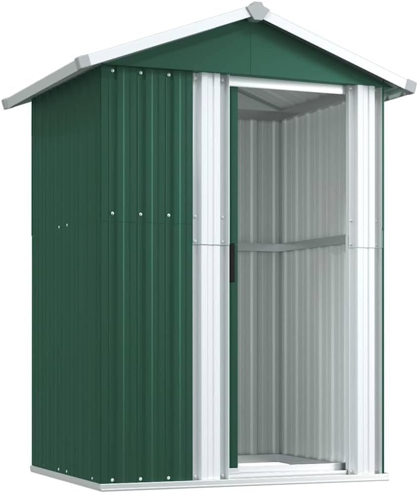  Abri De Jardin Vert 126x97,5x177 Cm En Acier Galvanisé, Abri De Rangement Extérieur Spacieux Avec Porte Coulissante Et Poignée Pratique Pour Outils De Jardin, équipement