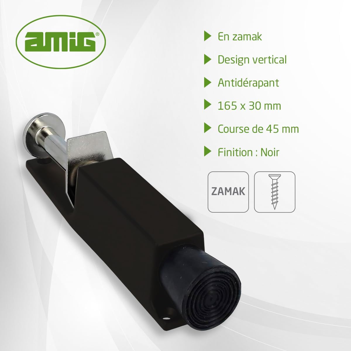  Amig - Retenue De Pied En Caoutchouc Pour Fixer Et Maintenir Les Portes Ouvertes - Dimensions : 165 X 30 Mm - Tour : 28 Mm - Butée Verticale Zamak - Noir - Anti Supports