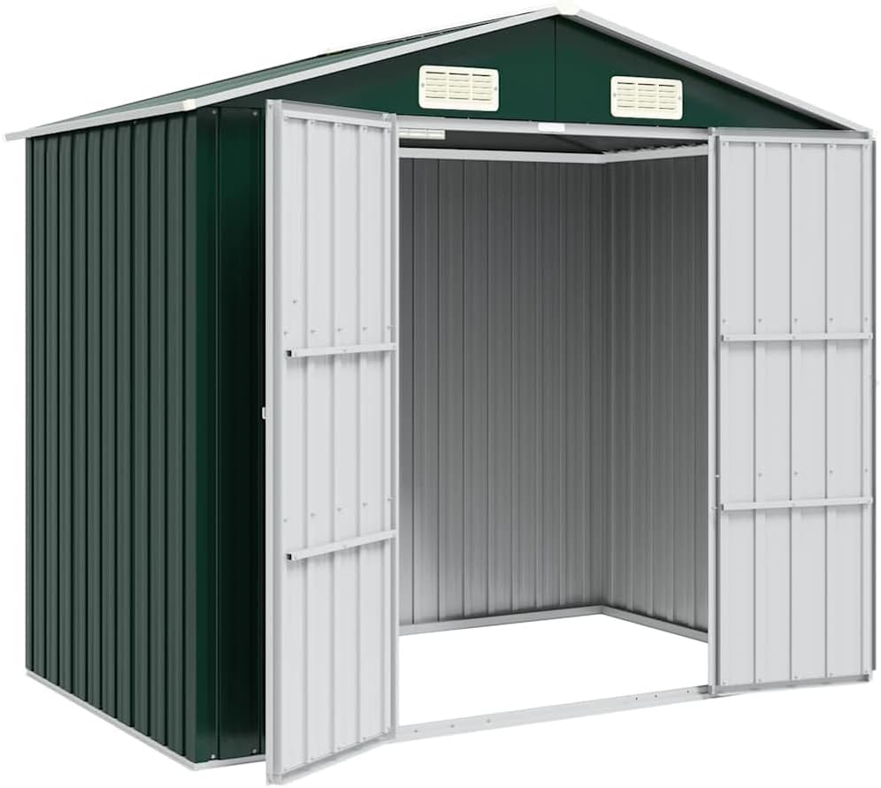  Abri De Jardin Vert En Métal Galvanisé 205x129x183 Cm, Cabanon De Rangement Pour Outils Et Mobilier Extérieur Avec Ventilation Et Portes Doubles