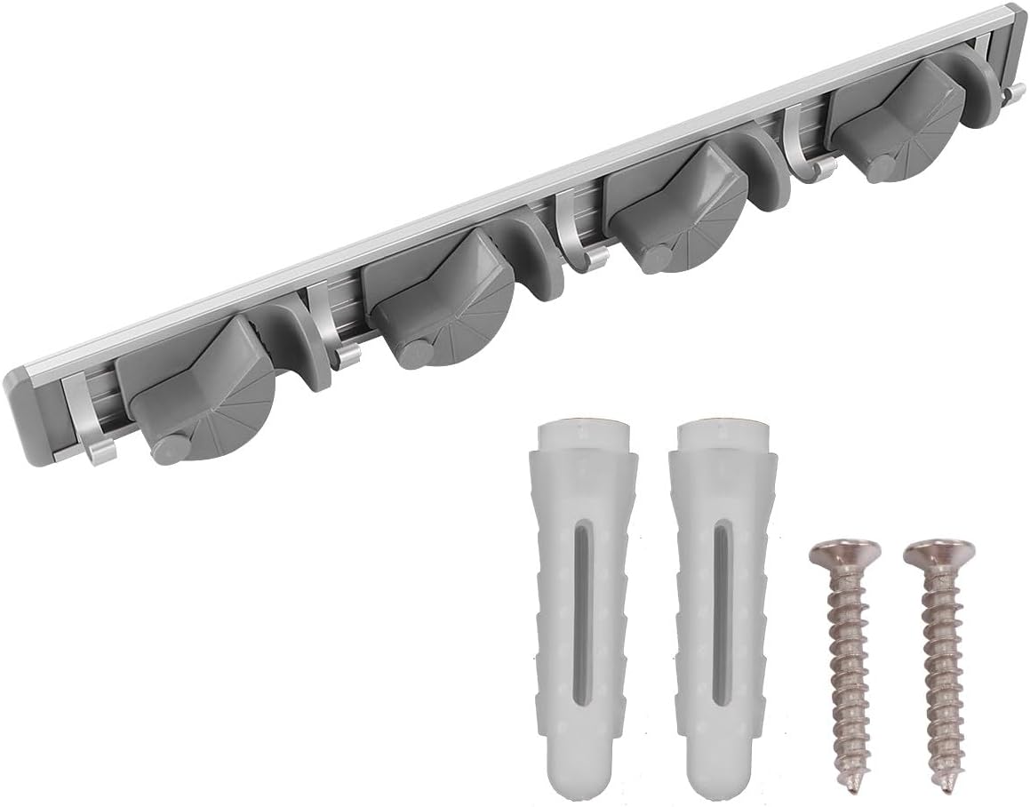  Toyvian Étagère à Balais Suspendue Murale En Aluminium Gris 4 Emplacements Suspendre 5 Crochets En Aluminium Support De Rangement Pour Balai à Franges Cuisine Jardin Et Buanderie