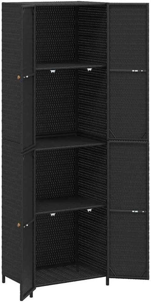  Armoire De Jardin En Polyrotin Noir 59 X 40 X 180 Cm Avec Espace De Rangement Et Casier, Résistante Aux Intempéries, Avec Poignées En Bois D'acacia Massif Et Cadre En Acier Revêtu Par