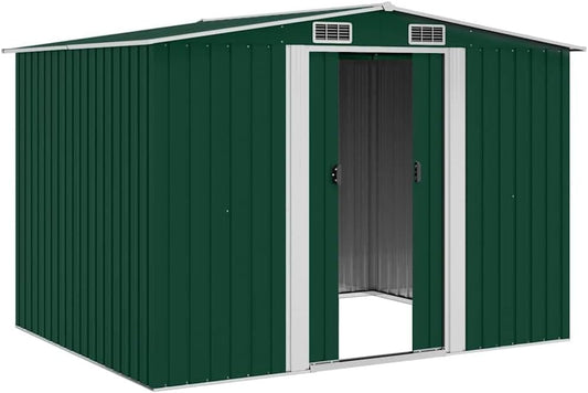  Abri De Stockage Jardin En Métal Vert 257 X 205 X 178 Cm Avec Double Porte Coulissante, Ventilation Optimale, Cadre Acier Galvanisé, Espace Rangement Outils Et Matériel Extérieur