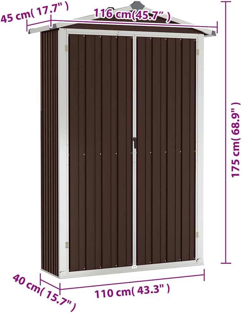  Abri De Jardin Marron 116x45x175 Cm En Acier Galvanisé Pour Rangement Extérieur D'outils Et Mobilier De Jardin, Avec étagères Et Aérations