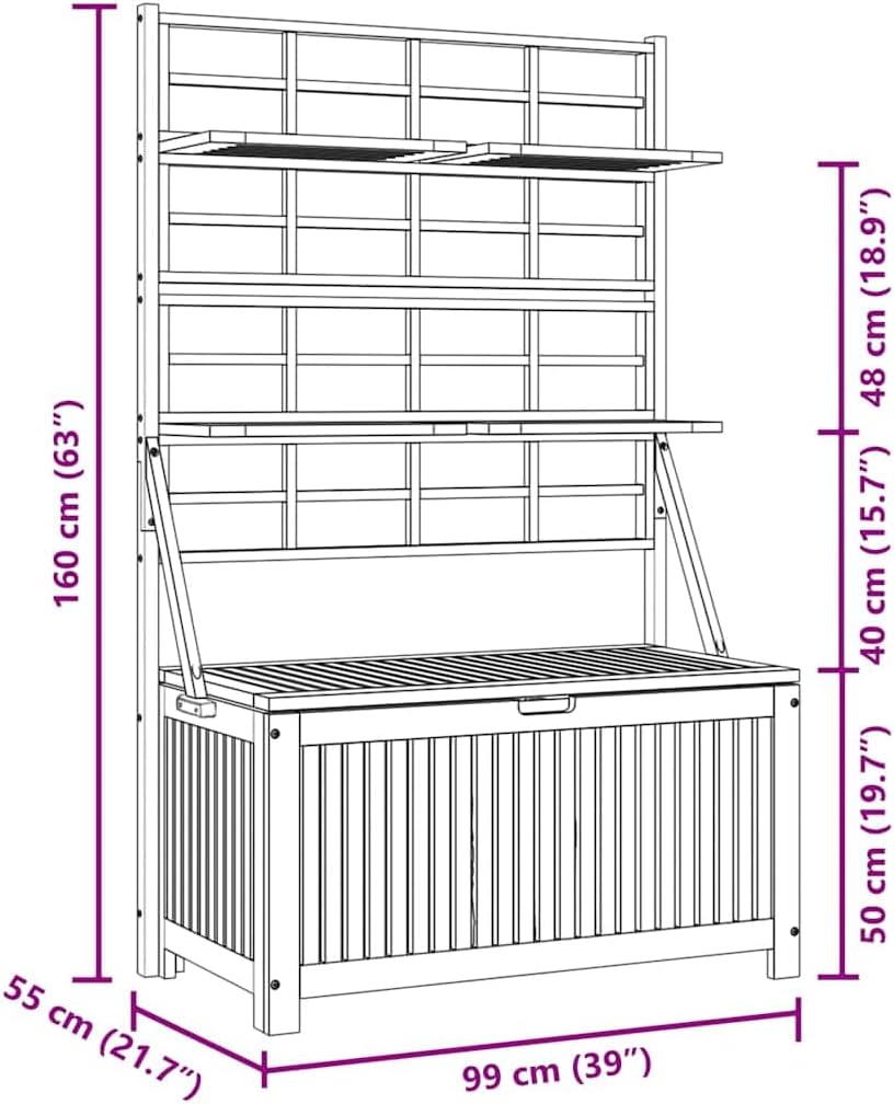  Coffre De Rangement Avec Treillis En Bois D'acacia Massif - 99 X 55 X 160 Cm - Résistant Aux Intempéries - Avec 4 étagères Réglables - Pour Balcon, Terrasse, Extérieur