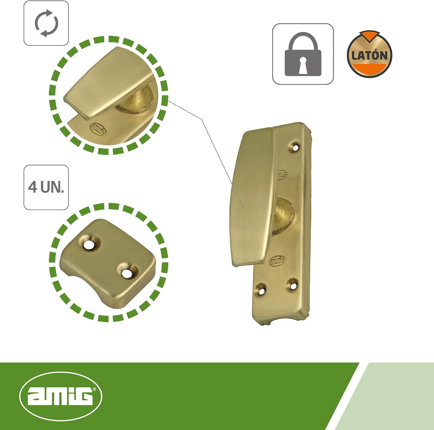  Amig - Model 19 Wall Lock For Windows - Gold - Brass Safety Lock With Handle, Includes Central Support + 4 Side Supports, Dimensions: 126 X 32 Mm, Gold