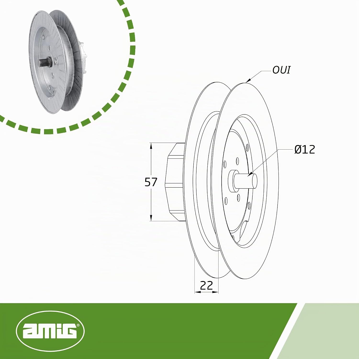  Amig - Poulie à Disque Métallique En Acier Zingué Pour Axes De Volets Roulants, Pour Rubans De 22 Mm, Tubes De 57 Mm Et Axe Frisé De Ø61 Mm, Diamètre Ø180 Mm, Argenté