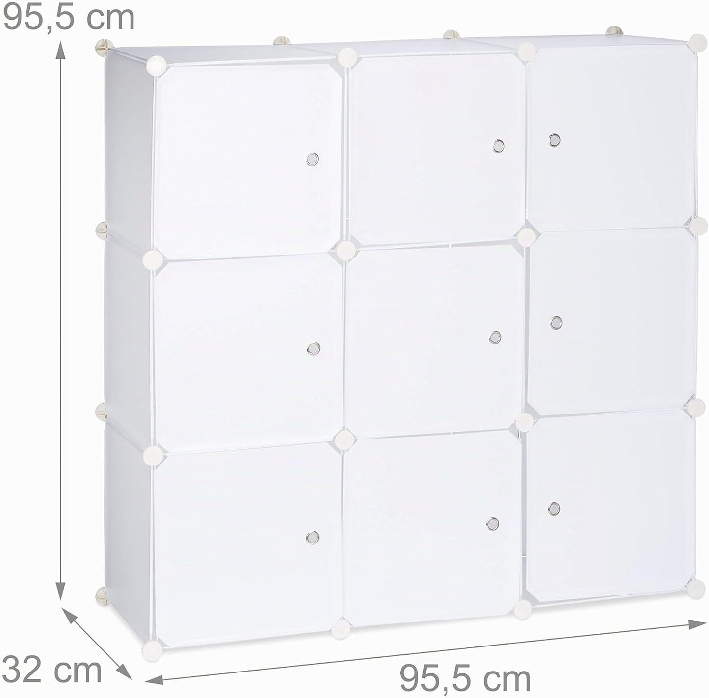  Relaxdays Étagère Rangement 9 Casiers Portes Plastique Modulable DIY Assemblage Plug In Bibliothèque, Blanc, 95.5 X 32 X 95.5 Cm