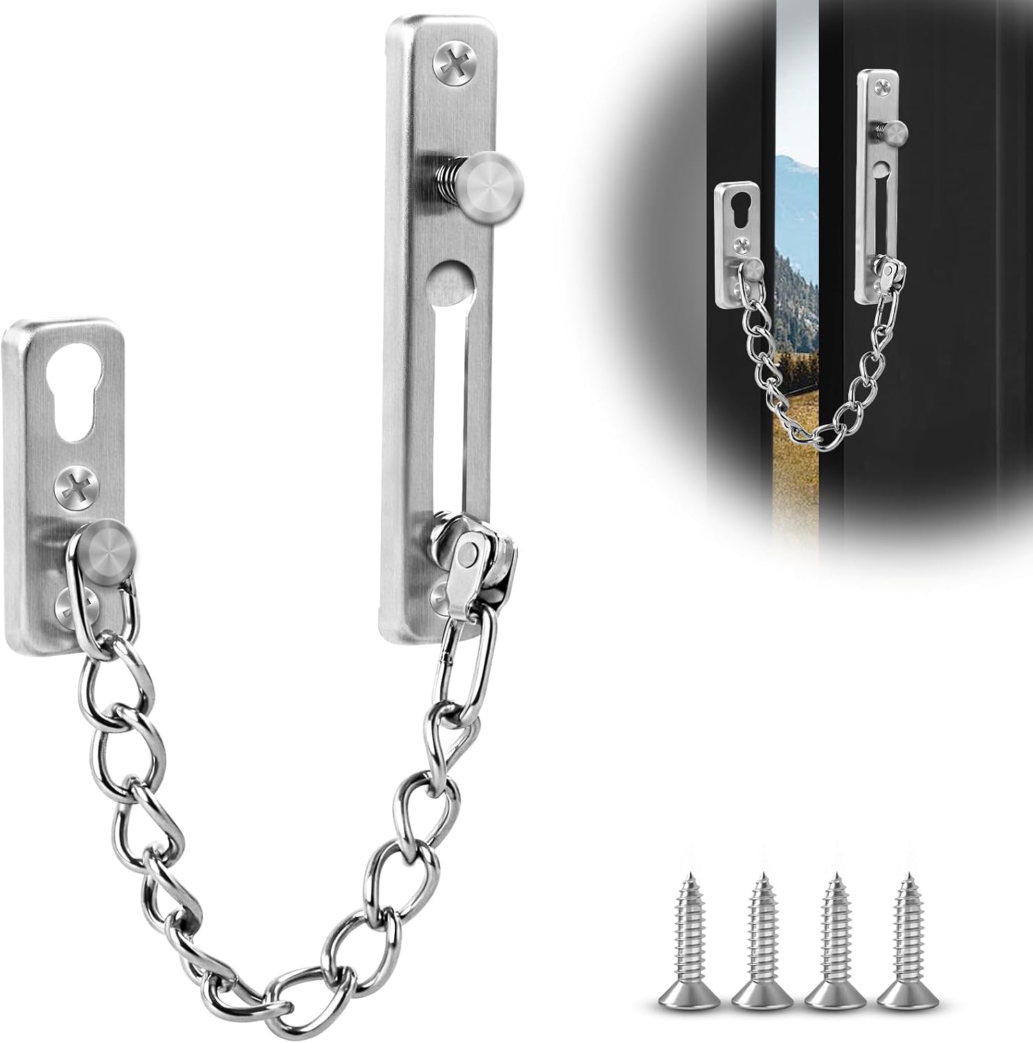  Elzle Chaîne De Sécurité Pour Porte En Acier Inoxydable, Avec Bouton Anti-Vol, 4 Vis Incluses, Sécurité Pour Porte D'Entrée, Portes Intérieures & Fenêtres (Argent)