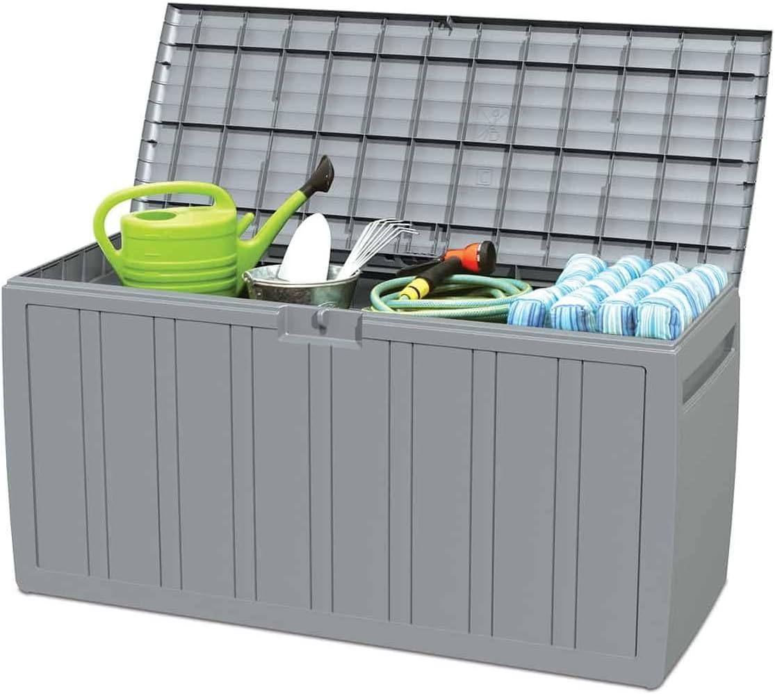  Gardiun Coffre De Rangement Fabriqué En Résine Top 117 X 45,5 X 57,50 Cm 270 L Montage En Clic Avec Système De Fermeture Gris