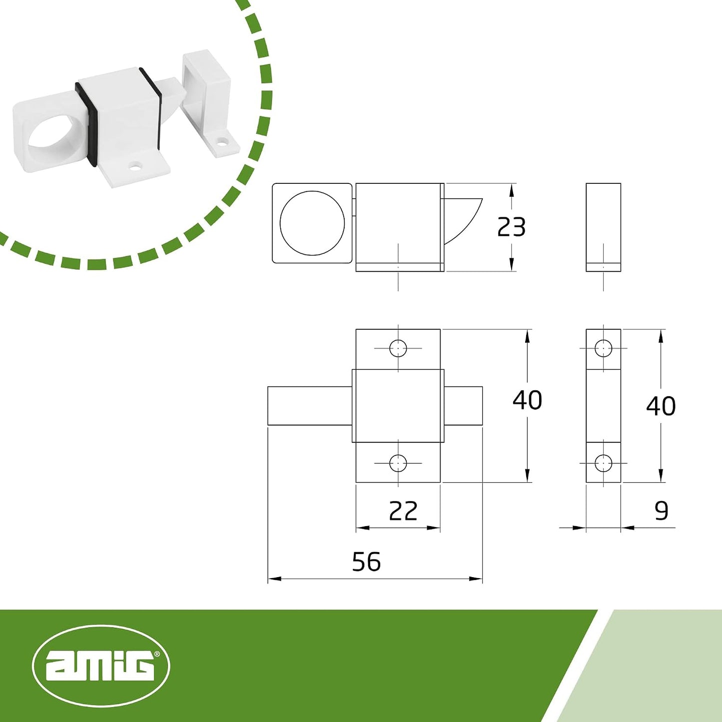  Amig - Verrou En Applique Pour Fenêtres 960, Loqueteau à Douille Avec Gâche Pour Fermeture Horizontale Ou Verticale, En Aluminium Finition En Blanc, 22 X 40 Mm, Tire-fonds Inclus