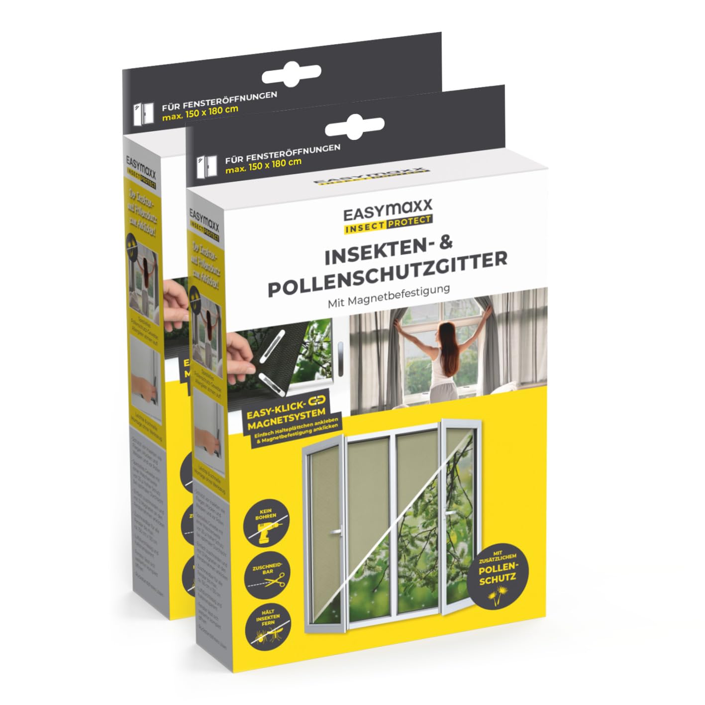  EASYmaxx Moustiquaire De Fenêtre Avec Protection Contre Le Pollen & Magic Click | Peut être Découpée Pour Des Fenêtres Jusqu'à 150x130cm | Montage Facile Avec 12 Aimants - Pas De Perçage [2 Pièces]