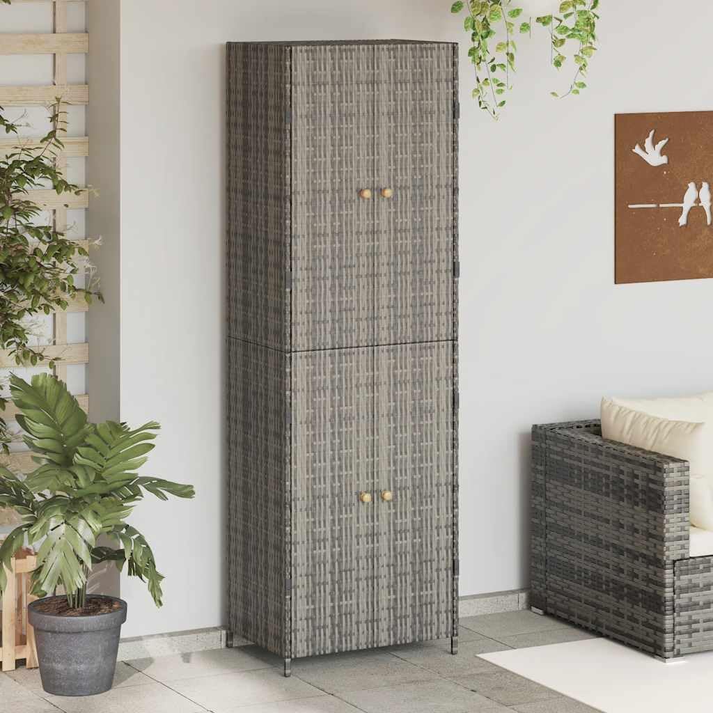  Armoire De Jardin En Polyrotin Noir 59 X 40 X 180 Cm Avec Espace De Rangement Et Casier, Résistante Aux Intempéries, Avec Poignées En Bois D'acacia Massif Et Cadre En Acier Revêtu Par