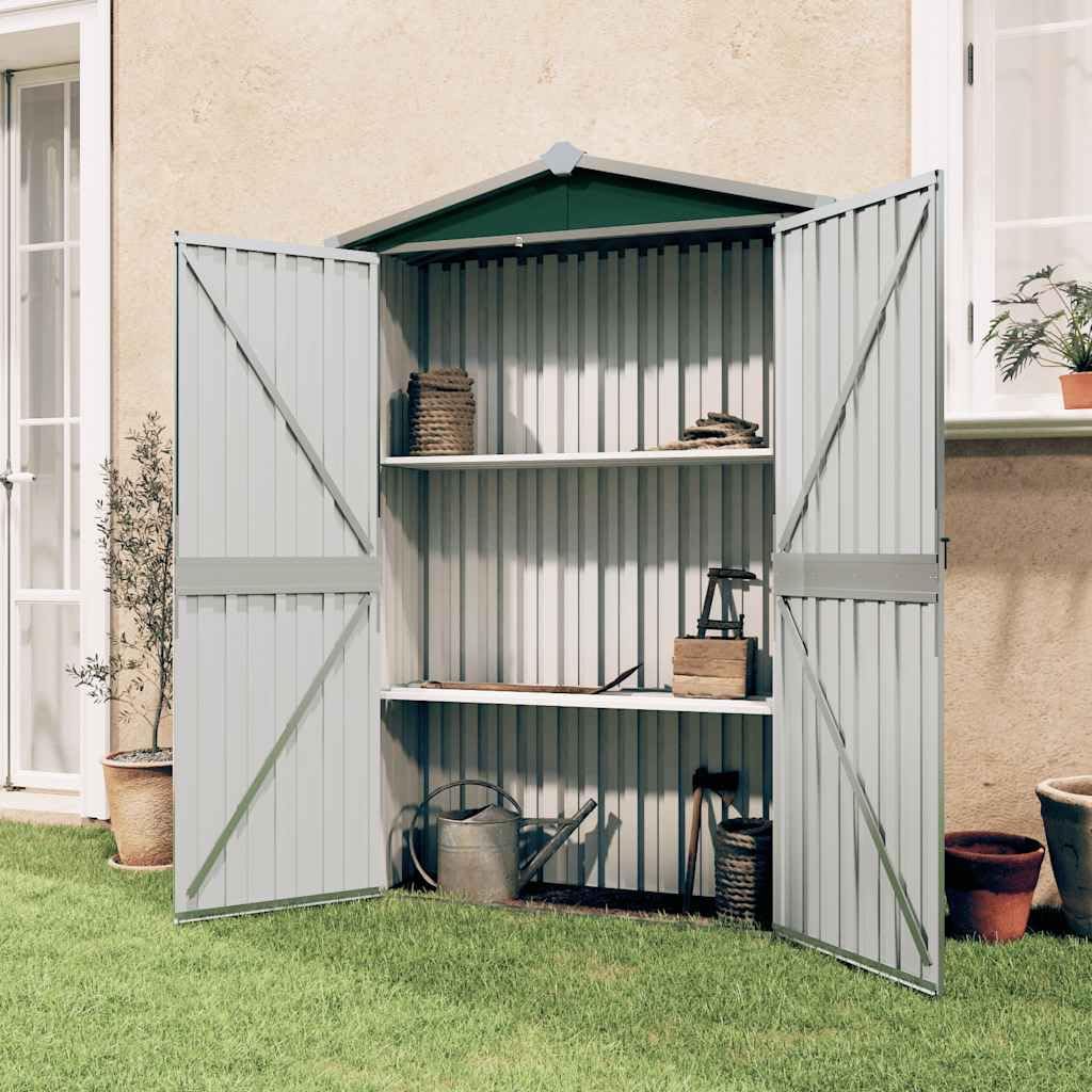 Abri De Jardin Vert En Acier Galvanisé 116 X 45 X 175 Cm Avec Double Porte Et étagère Pour Outils De Jardin, Vélo, Tondeuse, Poubelle, Rangement En Extérieur