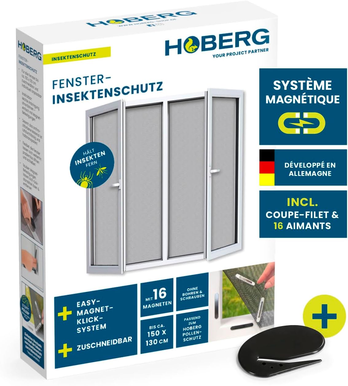  Hoberg Moustiquaire De Fenêtre Avec Fixation Magnétique Innovante | Moustiquaire Jusqu'à 150 X 130 Cm Découpable Individuellement, Pas De Perçage Ni De Vissage | Fixation Avec 16 Aimants [Noir]