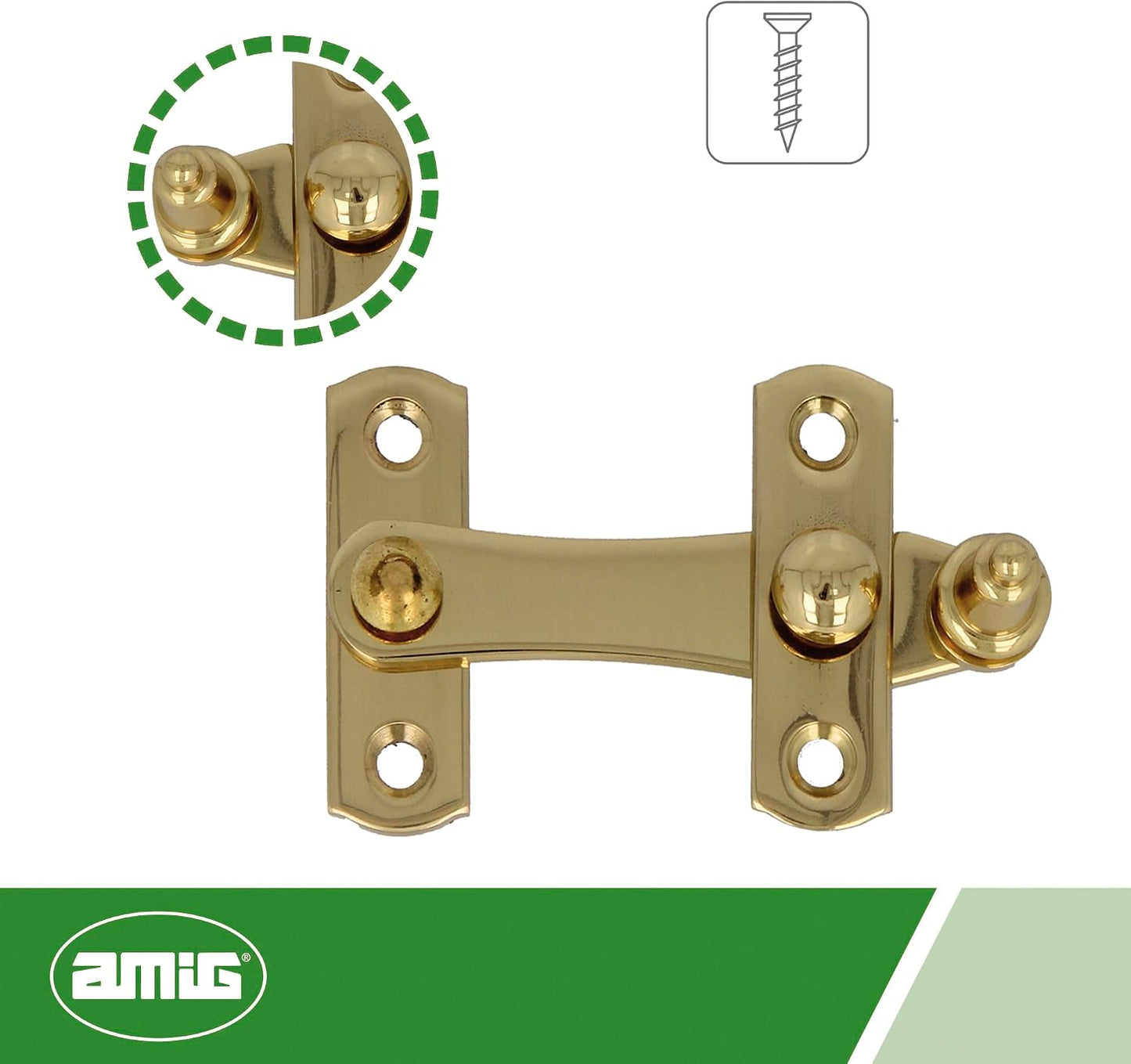 Amig - Maillage Doré Pour Volets Avec Attelage Inversé | 75 X 46 Mm | Laiton Poli | Fermeture De Sécurité Anti-chocs Et Rupture Pour Fenêtres | Vis Incluse (Lot De 2)
