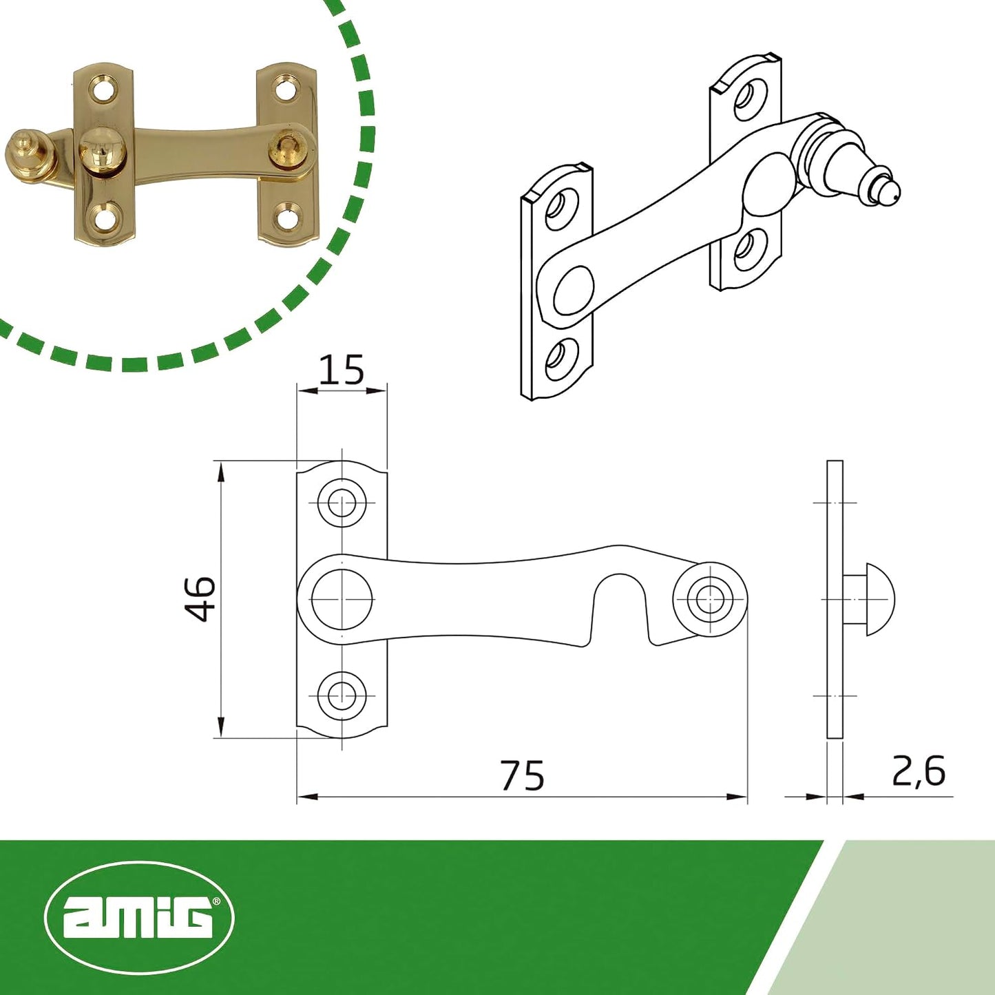  Amig - Maillage Doré Pour Volets Avec Attelage Inversé | 75 X 46 Mm | Laiton Poli | Fermeture De Sécurité Anti-chocs Et Rupture Pour Fenêtres | Vis Incluse (Lot De 2)