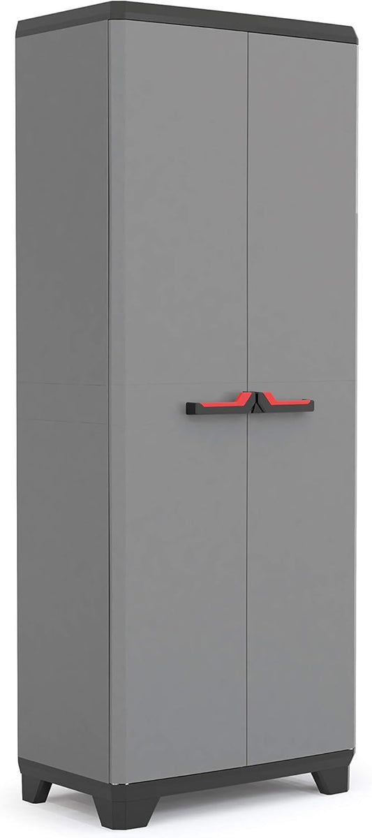 Keter Armoire Utilitaire STILO - Armoire De Rangement En Résine Multifonctions - Étagères Et Pieds Ajustables, Poignée Soft Touch - Cuisine, Garage, Atelier - 68 X 39 X 173 Cm - Gris/Noir/Rouge