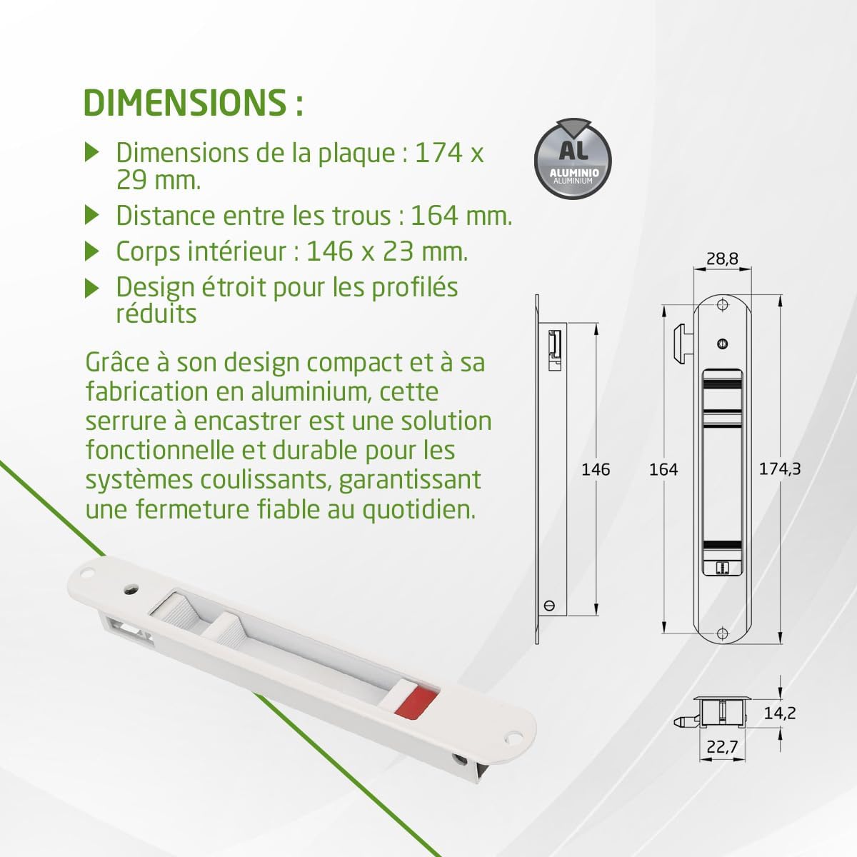  Amig - Serrure à Mortaise Pour Fenêtres Et Portes Coulissantes En Aluminium Mod.3800, Serrure à Crochet Encastrée, Finition Aluminium En Blanc
