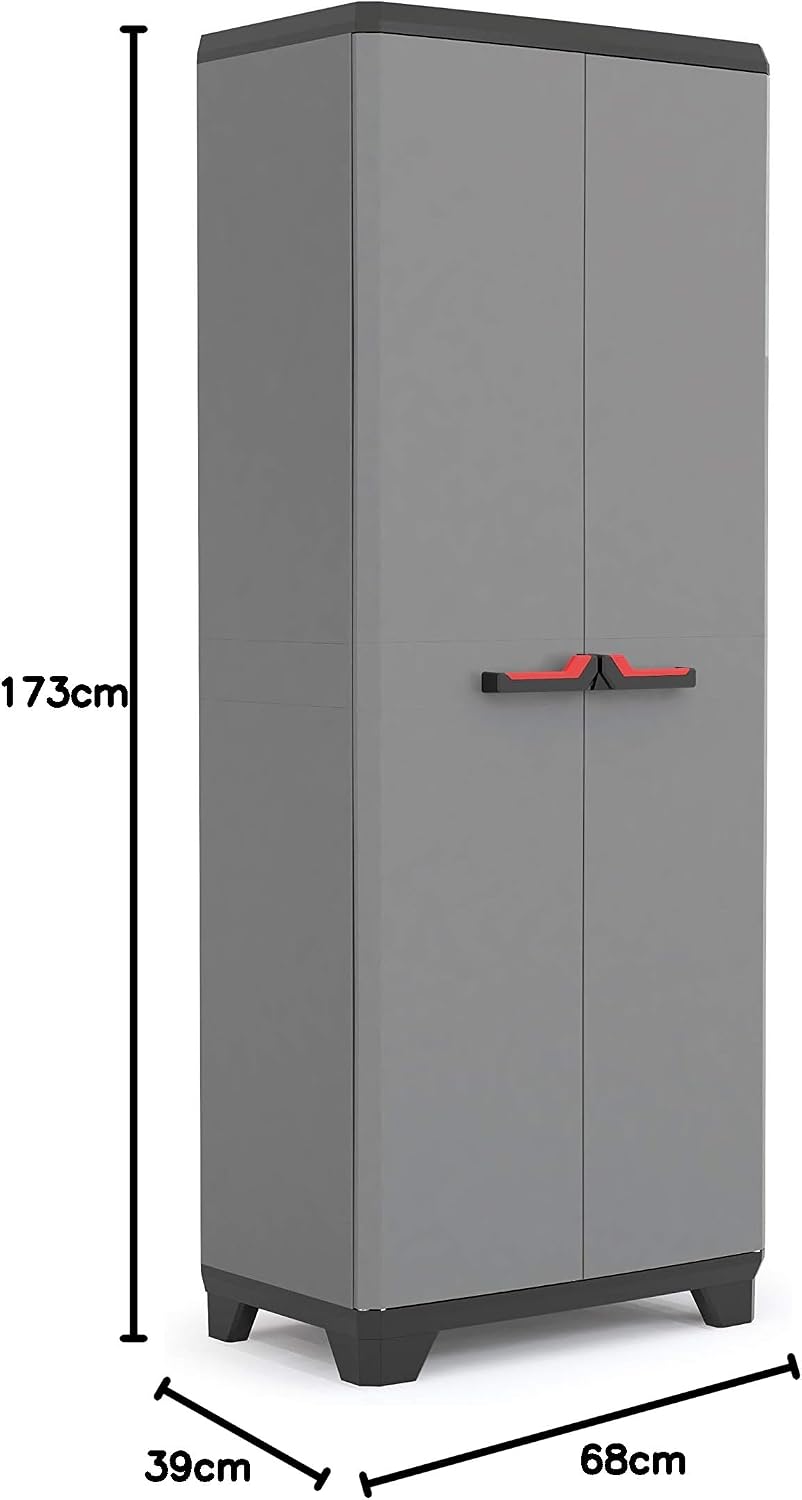  Keter Armoire Utilitaire STILO - Armoire De Rangement En Résine Multifonctions - Étagères Et Pieds Ajustables, Poignée Soft Touch - Cuisine, Garage, Atelier - 68 X 39 X 173 Cm - Gris/Noir/Rouge
