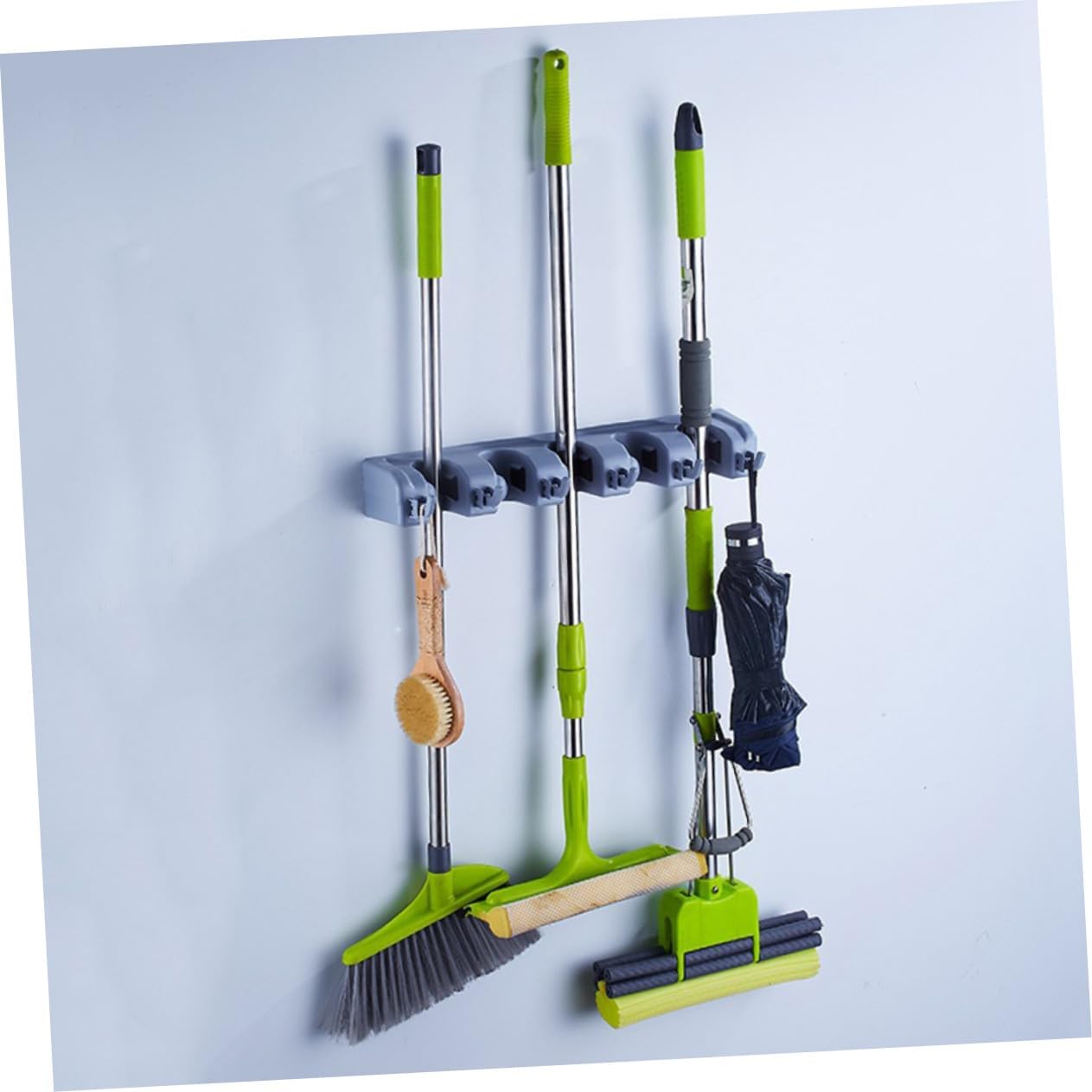  Gatuida Multifunctional Wall Mounted Broom Holder Hooks Positions Brush Holder Organizer Tools Bathroom Kitchen Blue