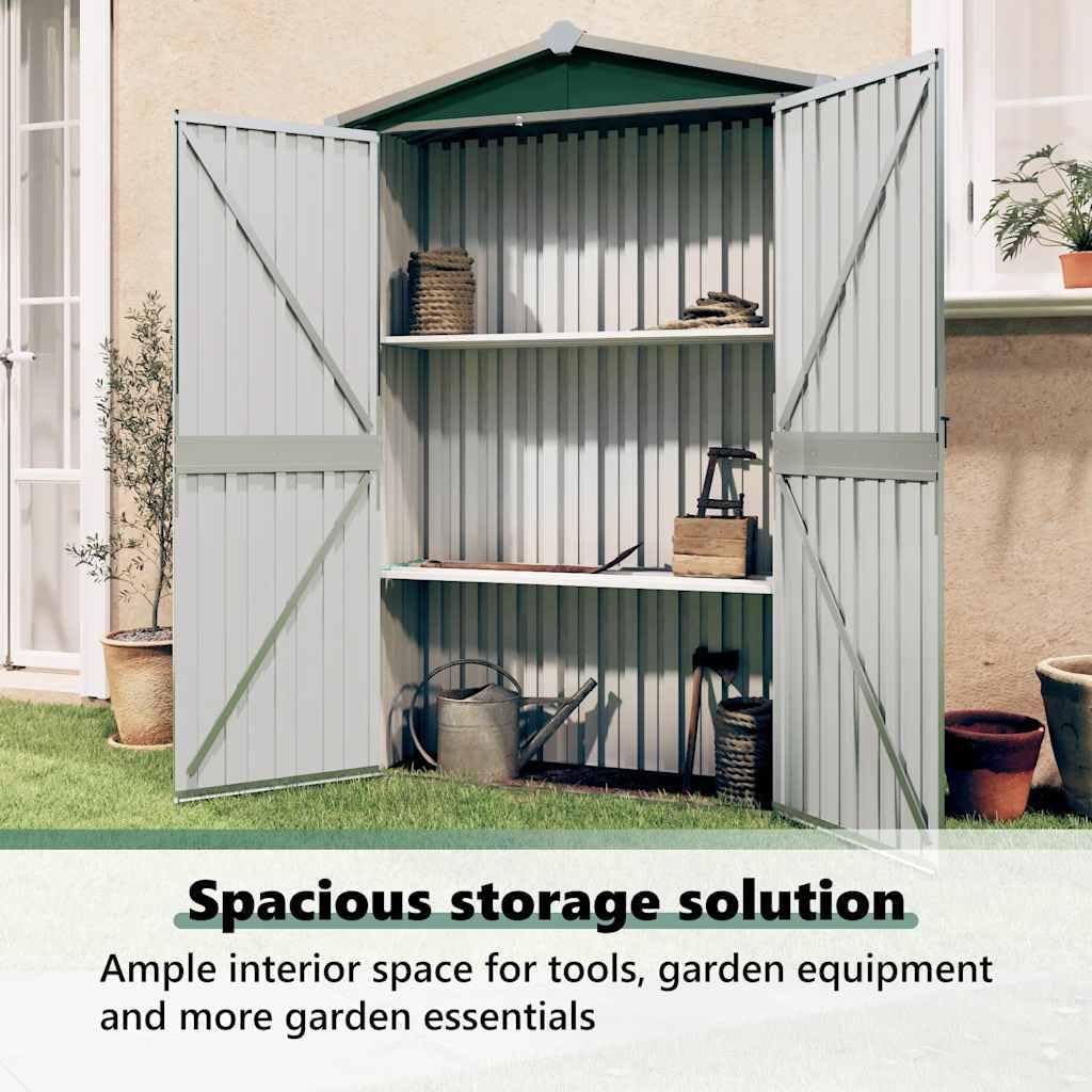  Abri De Jardin Vert En Acier Galvanisé 116 X 45 X 175 Cm Avec Double Porte Et étagère Pour Outils De Jardin, Vélo, Tondeuse, Poubelle, Rangement En Extérieur