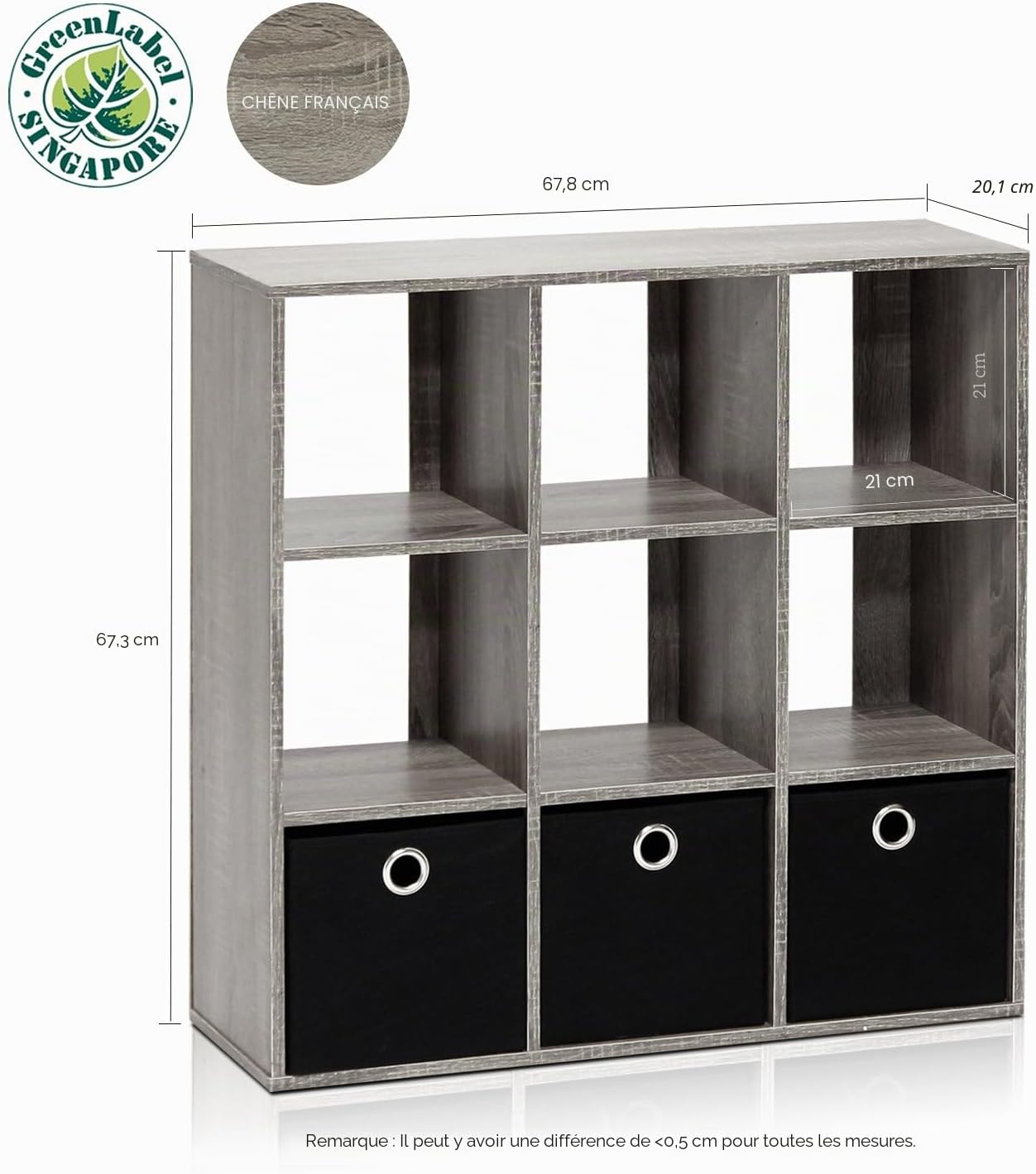  Furinno Simplistic Organisateur à 9 Cubes Avec Bacs, Chêne Français Gris/Noir, Bois Dense, One Size