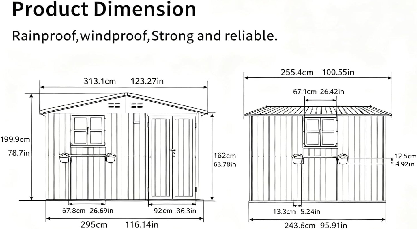  Abri De Jardin En Métal, 313,1 X 255,4 X 199,9 Cm, Abri à Outils En Métal Avec 2 Fenêtres Ouvrantes, Portes Verrouillables, étagère à Fleurs, Abri De Rangement Extérieur Pour Jardin, Terrasse