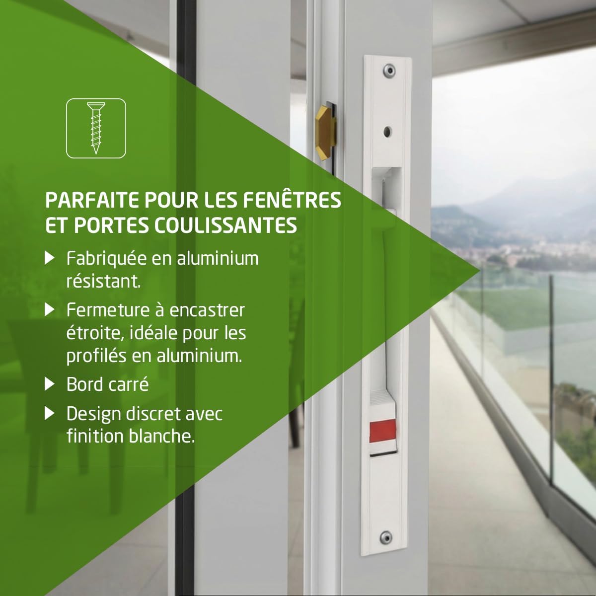  Amig - Recessed Lock For Windows And Sliding Doors In Aluminium - Recessed Hook Lock - Dimensions: 174 X 23 Mm - Colour White - Square Edge - Installation With Screws