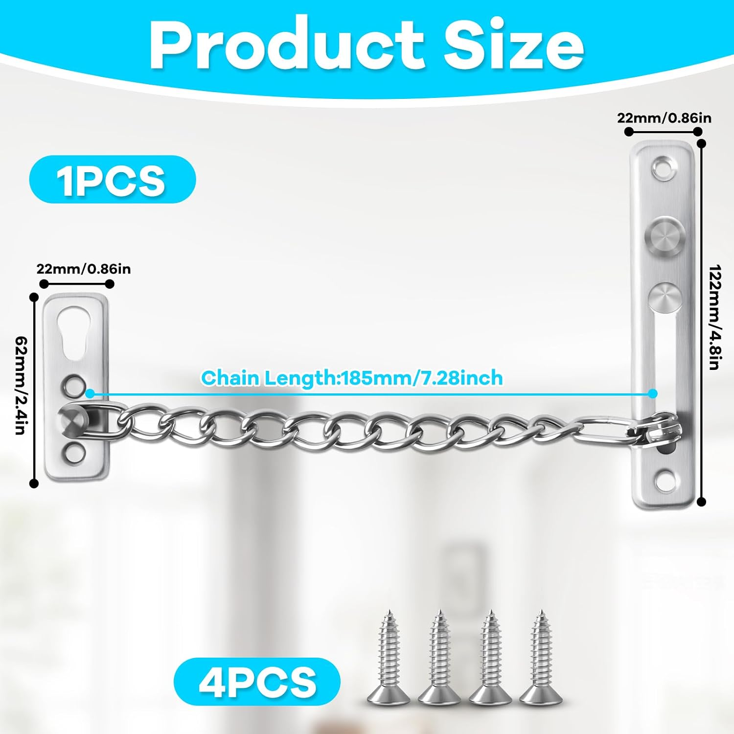  Elzle Chaîne De Sécurité Pour Porte En Acier Inoxydable, Avec Bouton Anti-Vol, 4 Vis Incluses, Sécurité Pour Porte D'Entrée, Portes Intérieures & Fenêtres (Argent)