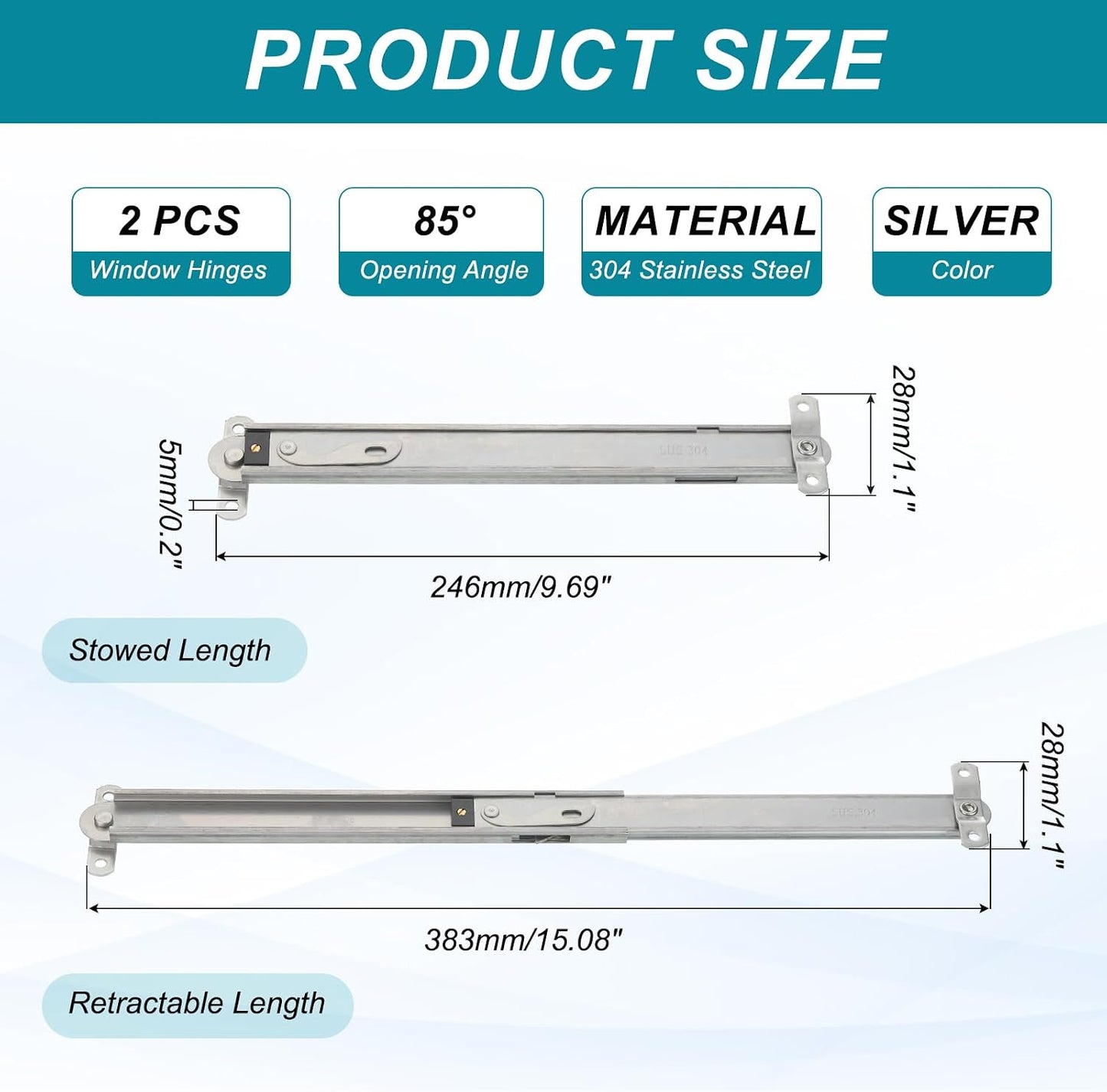 Sourcing Map Lot De 2 Charnières De Fenêtre, 25,4 Cm En Acier Inoxydable 304, Supports De Fenêtre Télescopiques Réglables, Kit De Matériel De Contrôle D'angle, Argenté