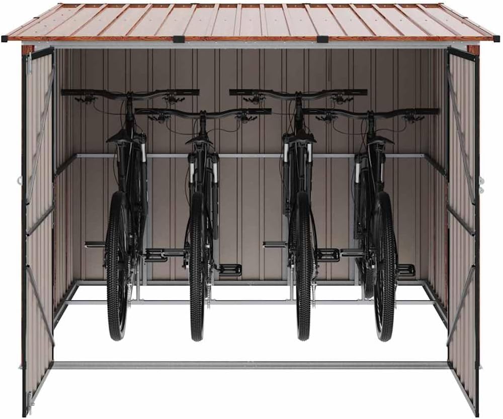  Abri De Vélo Extérieur 3 Pièces Marron 216x207x158 Cm En Métal Robuste Avec Portes à Charnières Doubles Et Hasp De Cadenas Pour Rangement Spacieux De Plusieurs Vélos