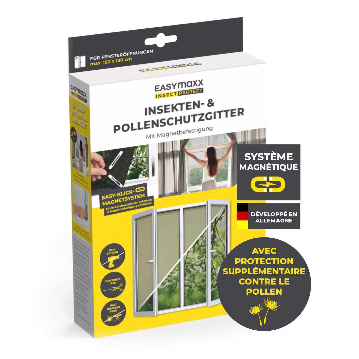  EASYmaxx Moustiquaire De Fenêtre Avec Protection Contre Le Pollen & Magic Click | Peut être Découpée Pour Des Fenêtres Jusqu'à 150x130cm | Montage Facile Avec 12 Aimants - Pas De Perçage [Anthracite]