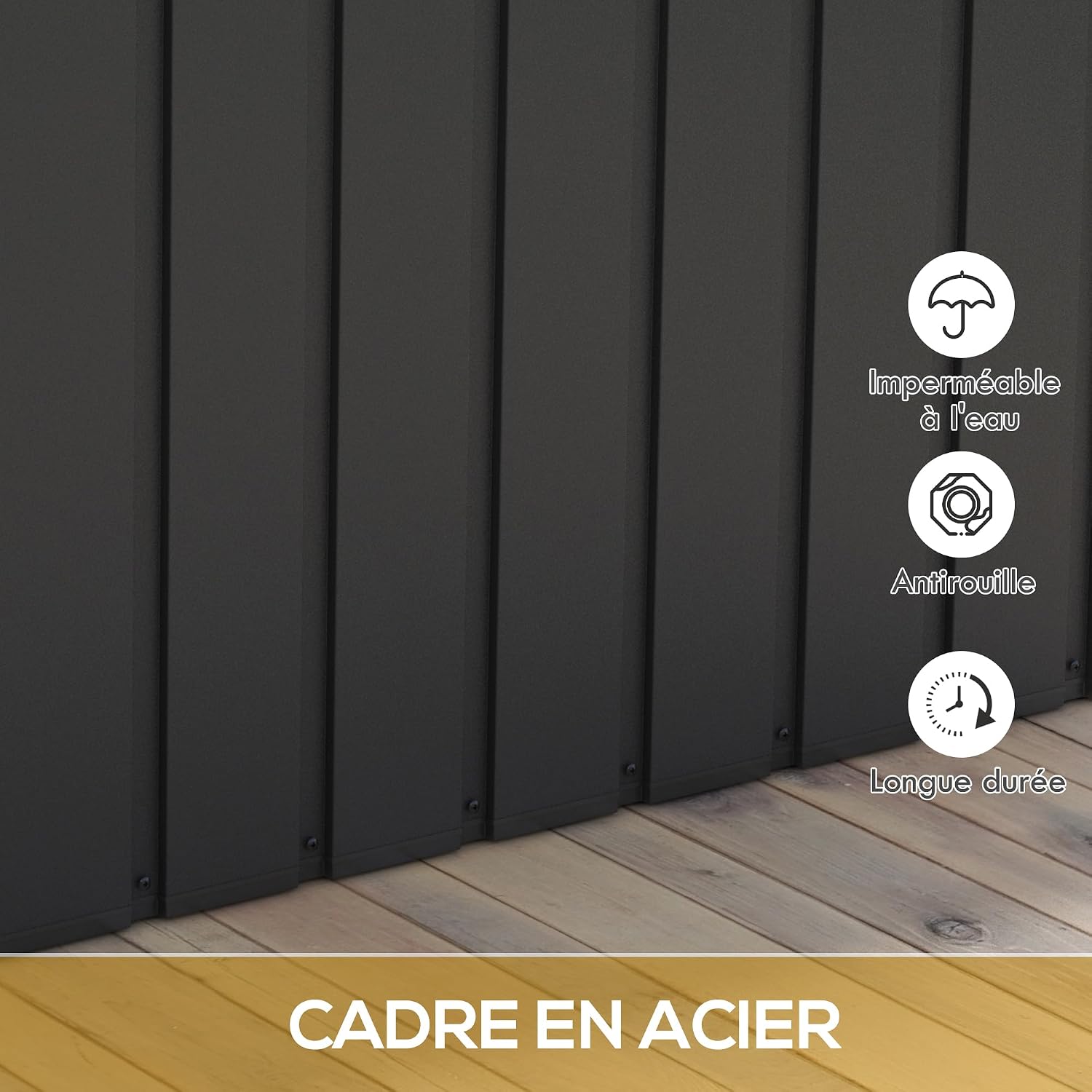  Outsunny Coffre De Rangement, Malle De Jardin, Capacité 450 L, Avec Poignée, Roulettes Et Vérin à Gaz, En Métal, 125,5 X 61,5 X 70 Cm, Gris Foncé