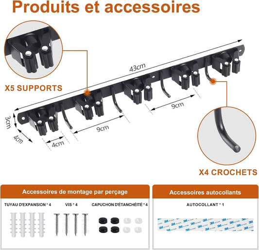  Accroche Balai Mural, Porte Balais Mural En Acier Inoxydable - 5 Supports + 4 Crochets, Support Balais Mural Sans Percer Noir, Utilisable En Cuisine, Salle De Bain, Jardin, Garage (1 Pièces)